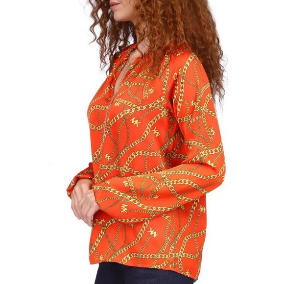 MICHAEL Michael Kors Logo Orange Chain Print Casual Long Sleeve Top XS - Picture 3 of 6